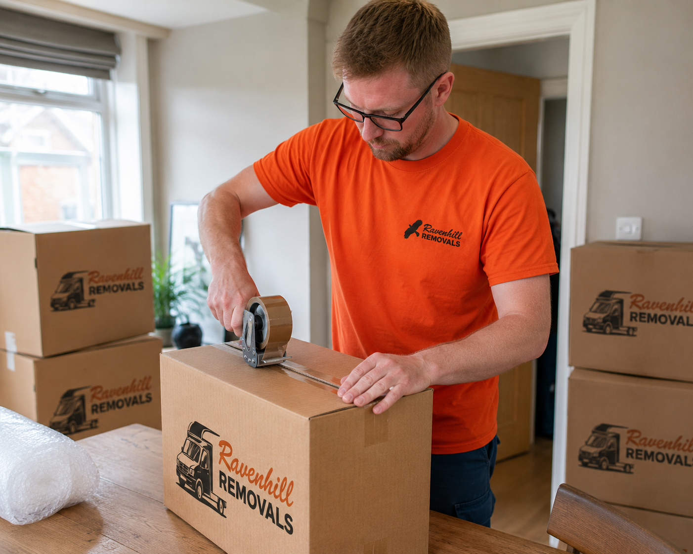 Ravenhill Removals team member using a tape dispenser to securely seal a moving box ready for house removal