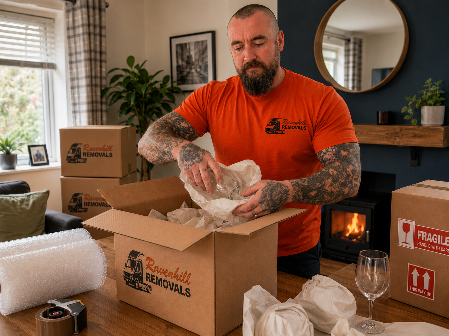 Ravenhill Removals team member packing fragile glassware with protective paper into a moving box ready for house removal