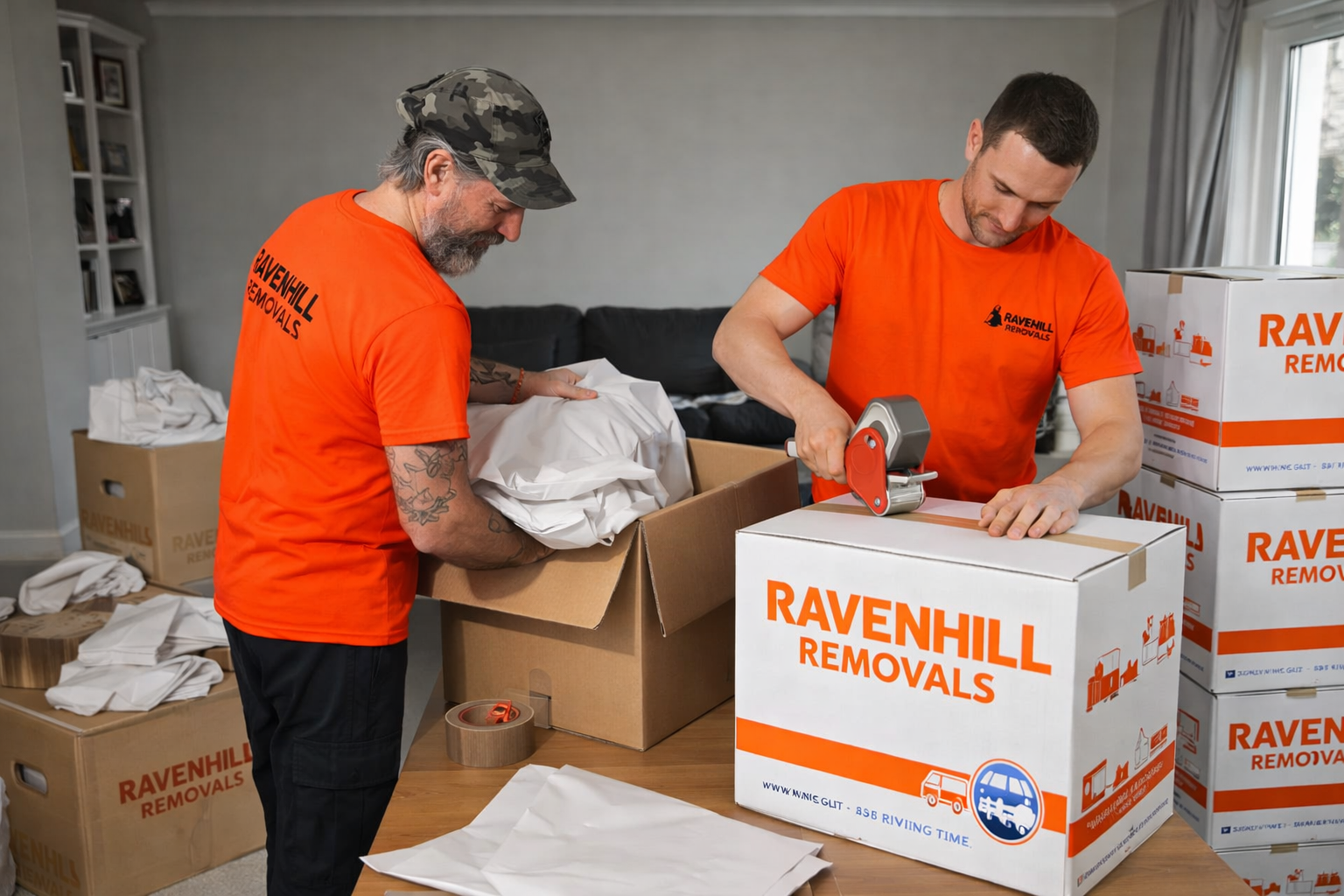 Ravenhill Removals staff professionally packing moving boxes inside a home as part of a full packing service